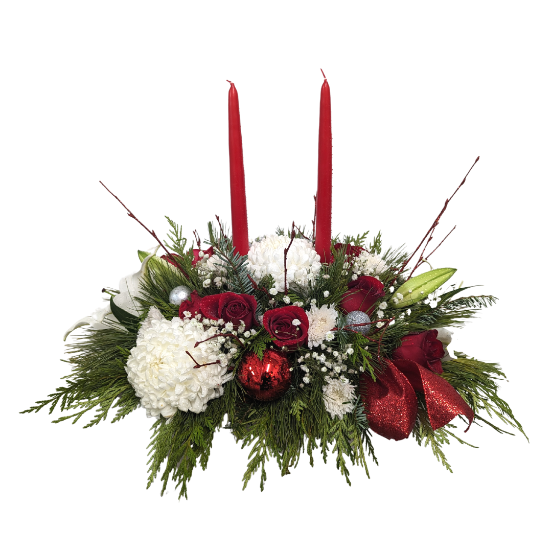 Holiday Table Arrangement with Two Candles christmas home decor gift ontario